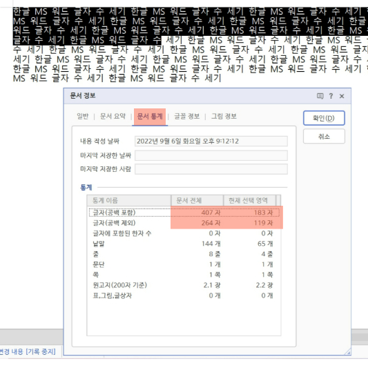 한글 프로그램에서 블록 지정하여 문서통계 메뉴를 연 화면