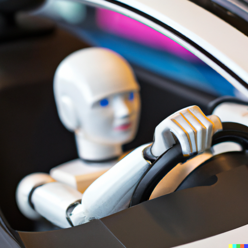 A robot driving a car