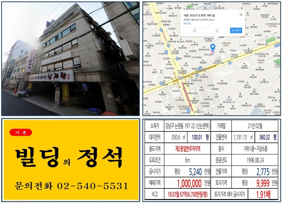  [강남구 강남대로 100억 올근생 빌딩 실거래가 조회] 논현동 197-22 (신논현역) 100억 원, 평당 9,999만 원 매매되었습니다.