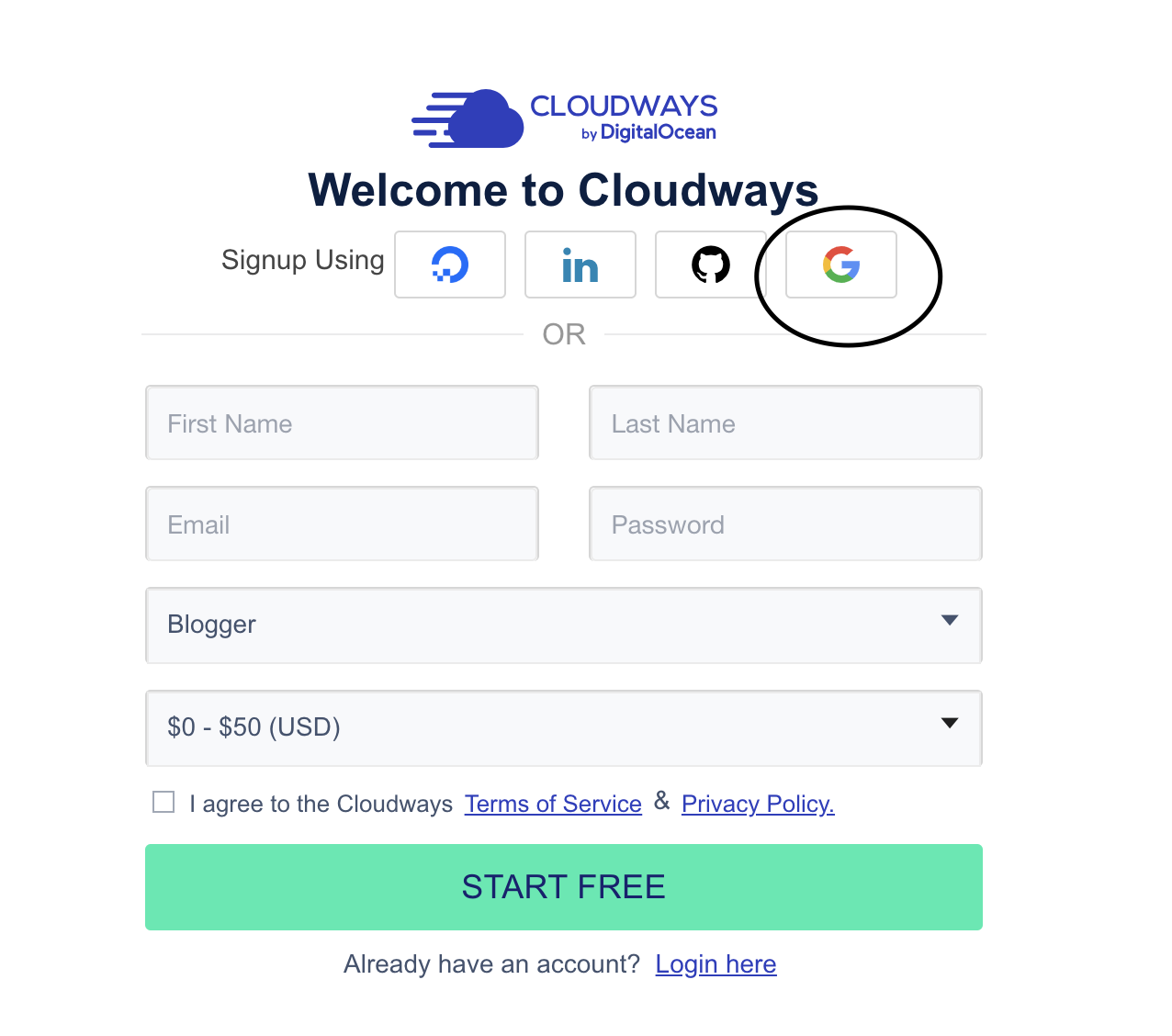 Cloudways 가입시 정보 입력. 또는 구글 계정으로 가입하기