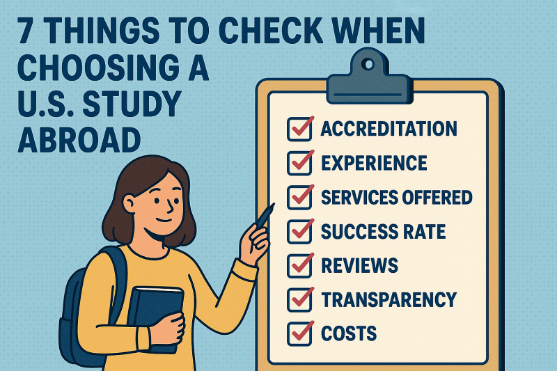 Checklist with seven items including accreditation, experience, services, and costs, marked with red checkmarks