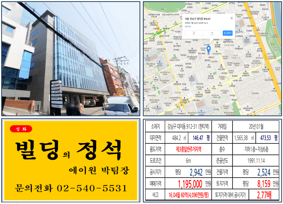  [강남구 대치동 학원가 학원빌딩 실거래가 조회] 대치동 912-31 (한티역) 119.5억 원, 평당 8,159만 원, 대치사거리, 대치동구마을재개발, 대치푸르지오써밋