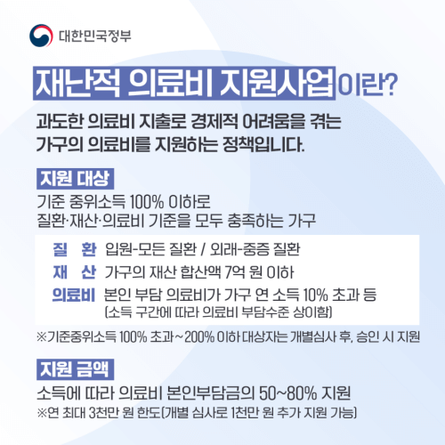 재난적-의료비-지원사업의-도움을-받으십시오.- (출처-대한민국정책브리핑)-23.5.2 국무회의에서 최대 5천만원으로 상향되었습니다.