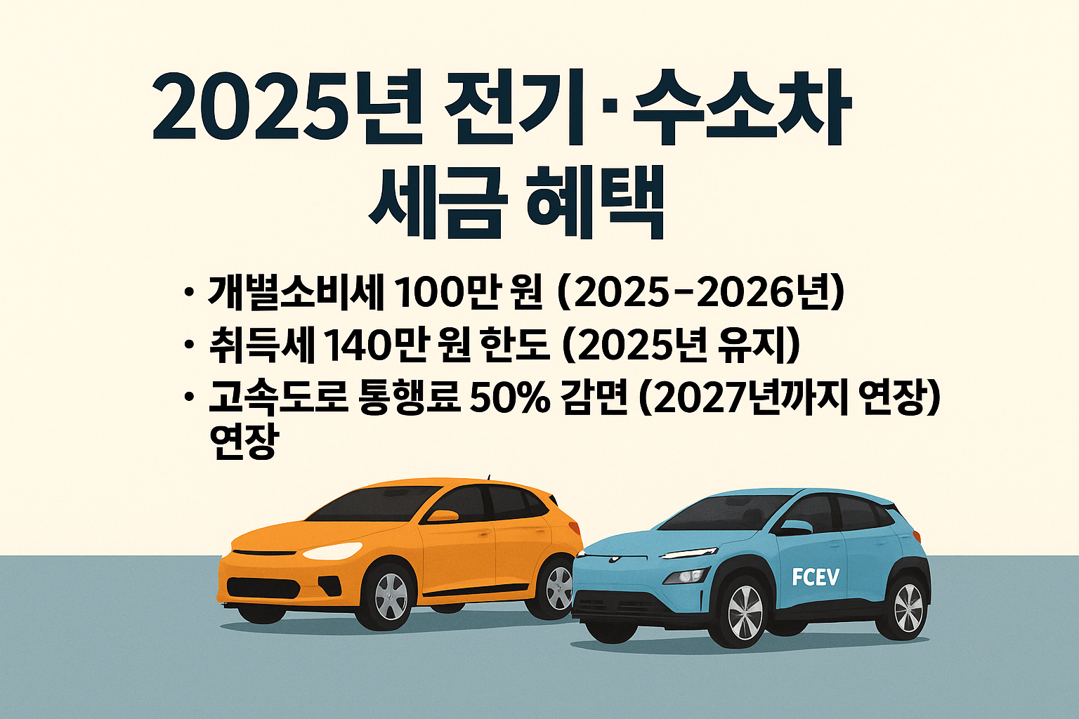2025년 전기차·수소차 세금 혜택 요약 인포그래픽 – 개별소비세, 취득세, 고속도로 통행료 감면 안내 이미지