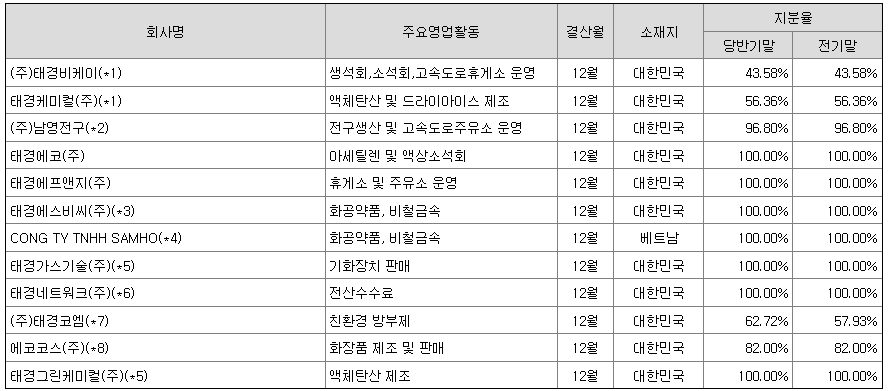 태경산업 연결회사(자회사) 현황