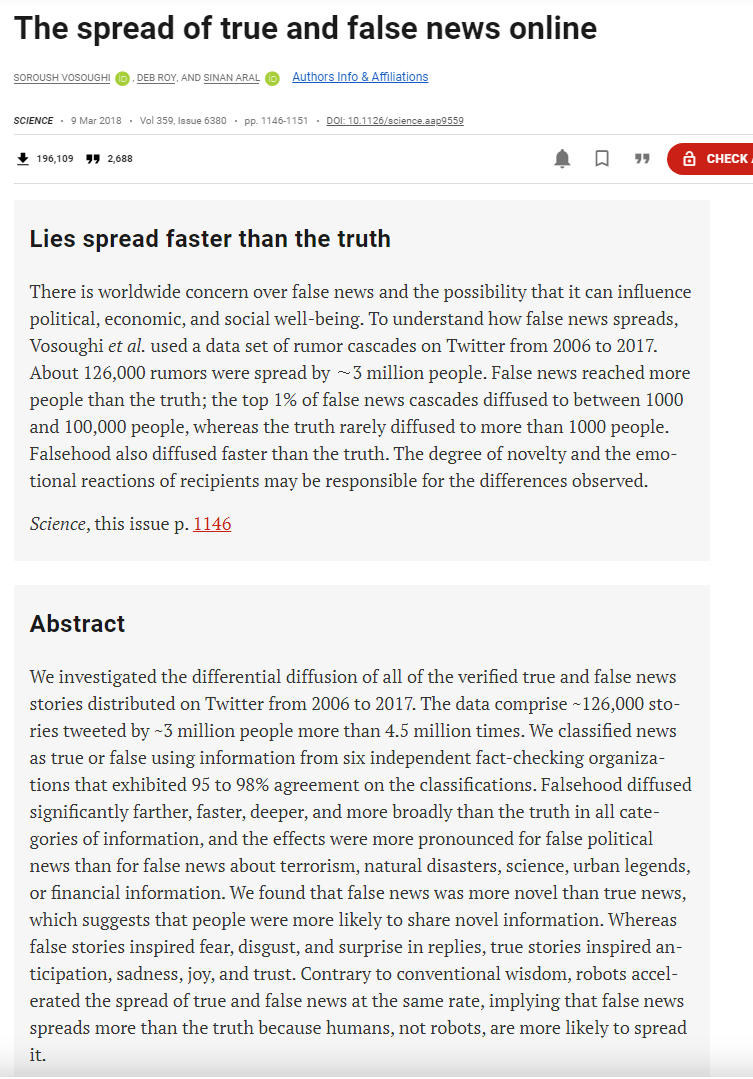 The spread of true and false news online