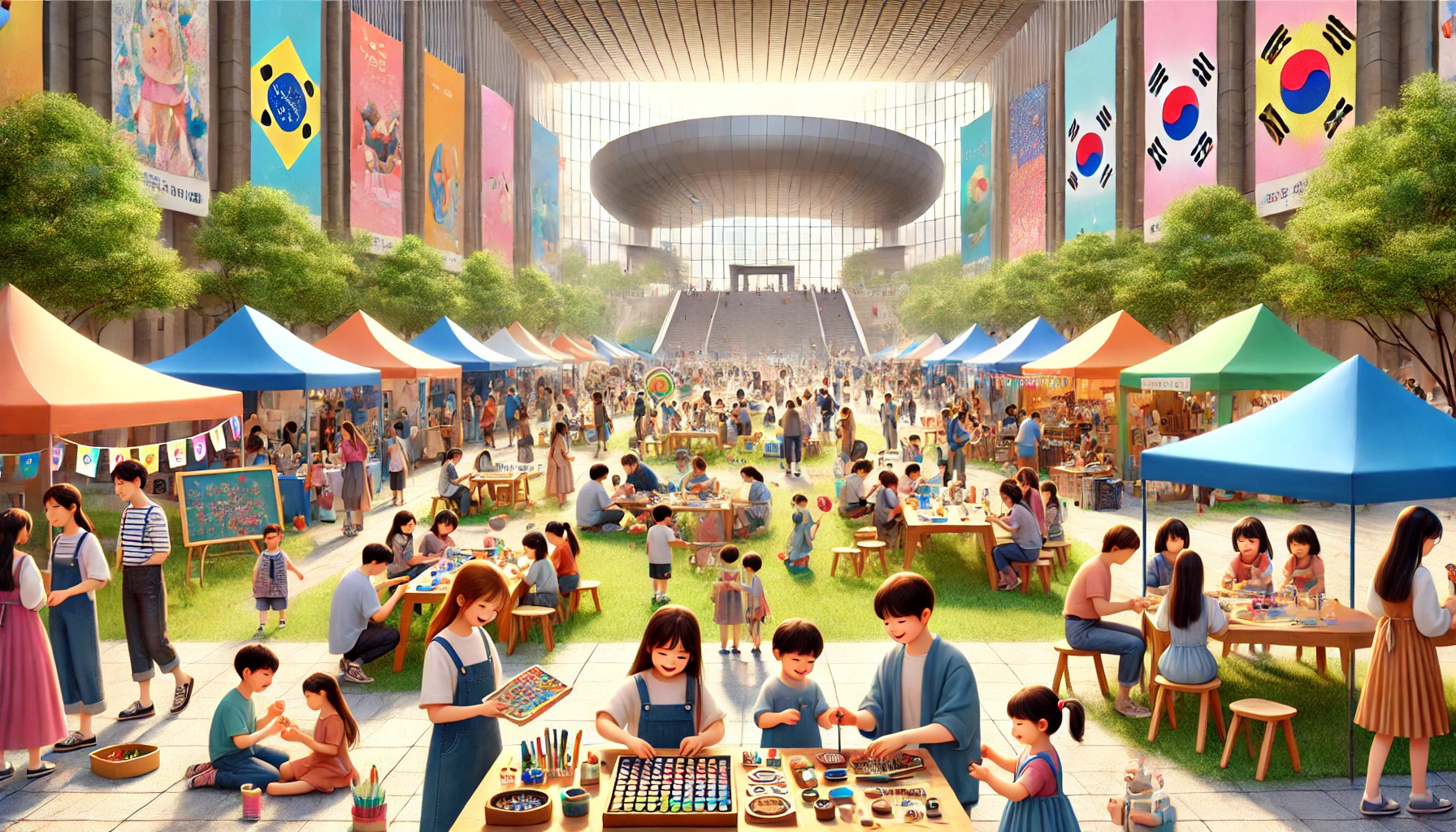 2025년 어린이날을 맞아 가족들이 다양한 체험 부스에서 활동을 즐기는 실외 행사장 모습