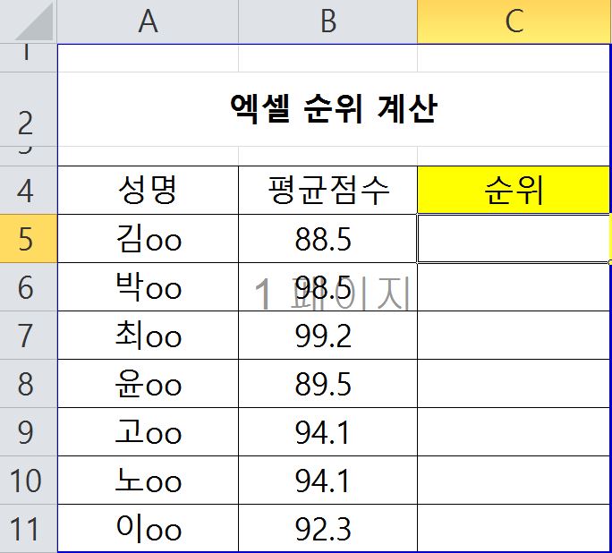  엑셀 순위 구하기 (rank 함수 이용하여 순위 구하기)