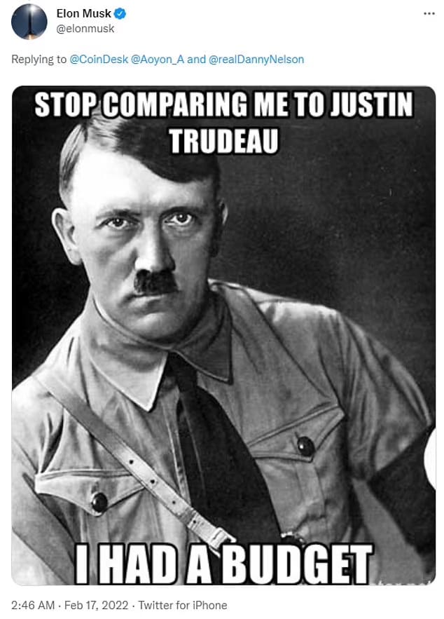 일론 머스크, 캐나다 트뤼도 총리를 히틀러에 비유 VIDEO: Elon Musk compares Justin Trudeau to Hitler in meme as he slams him for cracking down on Freedom Convoy..