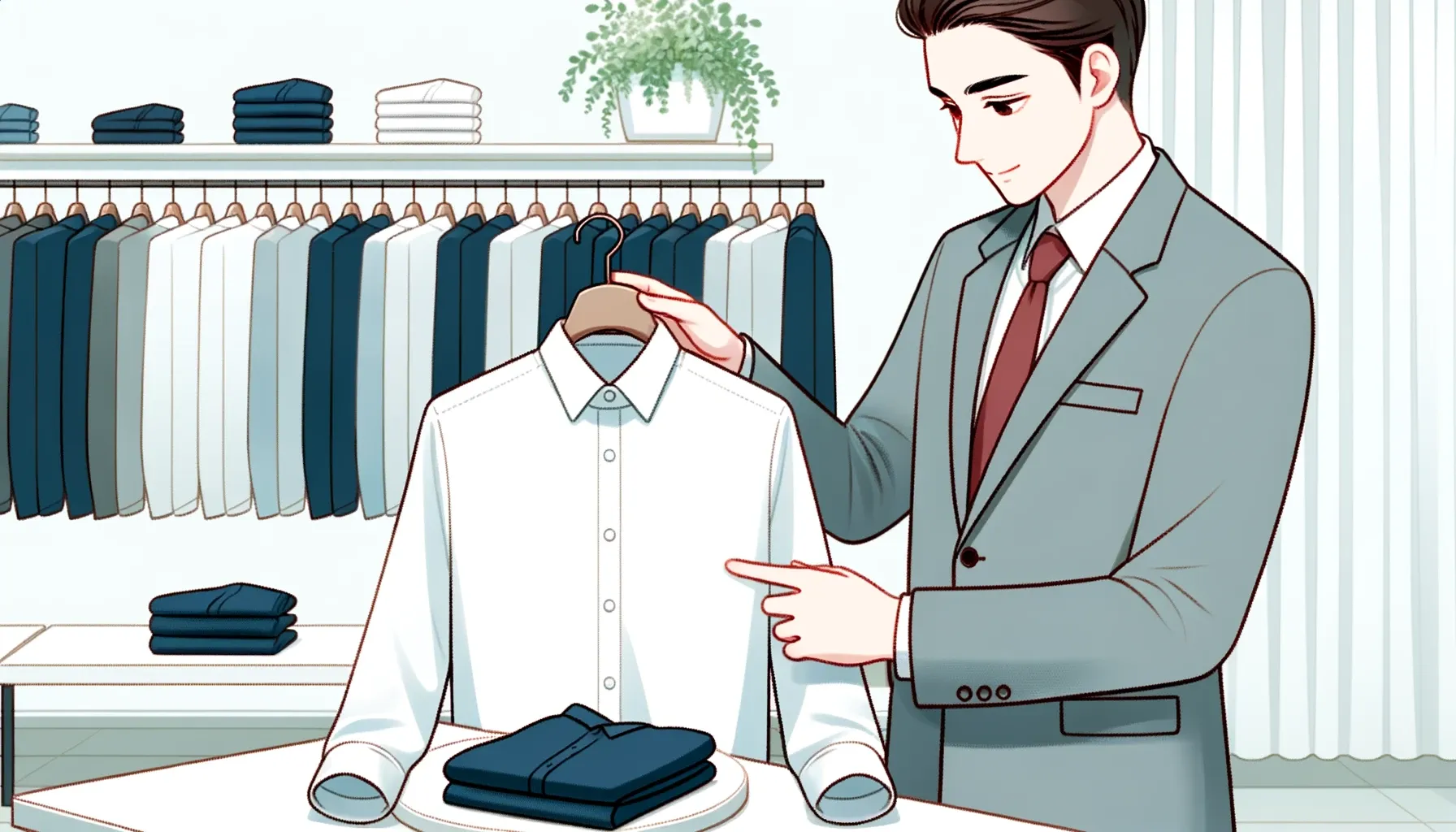Illustration of a customer examining a shirt on display&#44; focusing on their attentive expression as they assess the product.