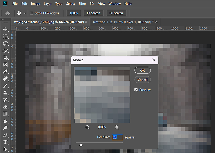 포토샵-Mosaic-필터-창-열림