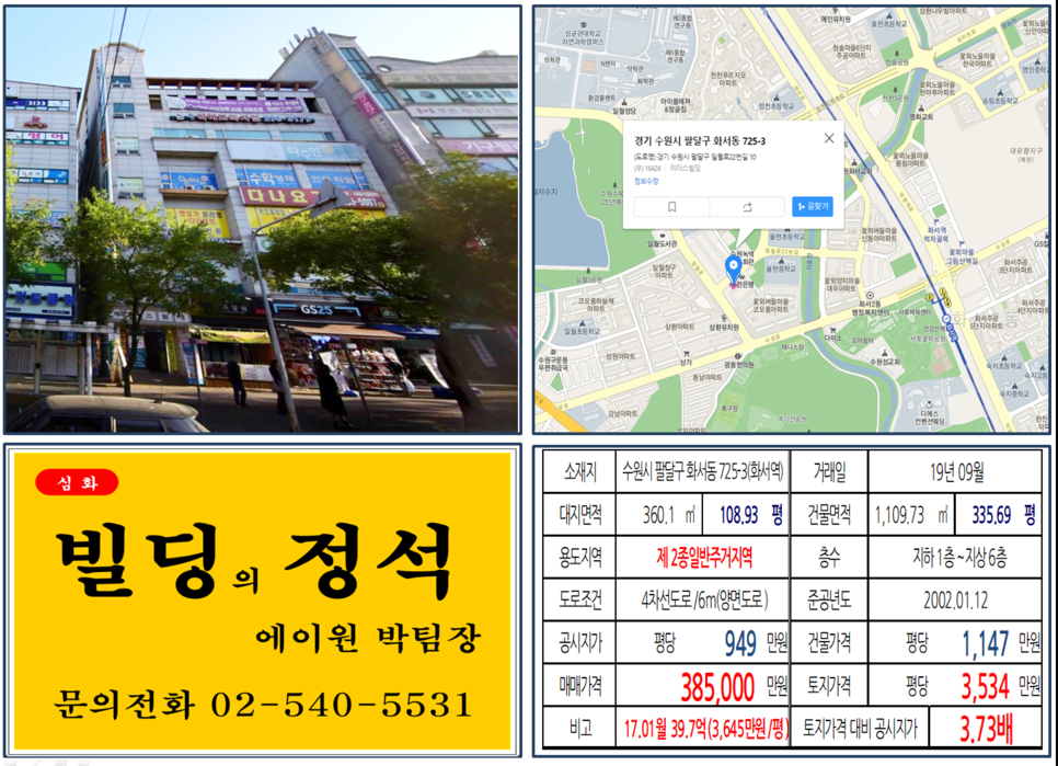  [수원시 팔달구 성균관대학교 대로변 꼬마빌딩 실거래가 조회] 화서동 725-3 (화서역) 38.5억 원, 평당 3,534만 원, 성균관대학교 캠퍼스 인근 대로변 임대수익용 빌딩