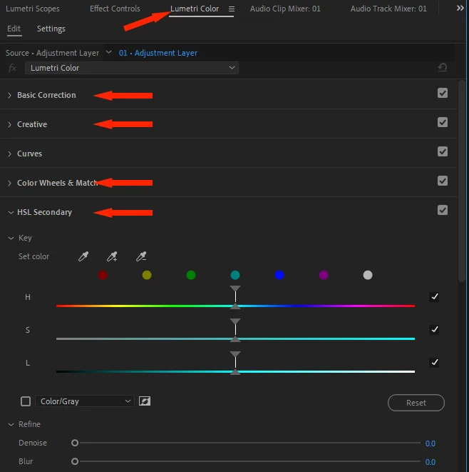 프리미어 프로의 lumetri color 창의 모습
