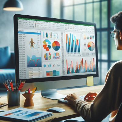 데이터 분석을 위한 Excel 화면, 다양한 차트가 표시됨.