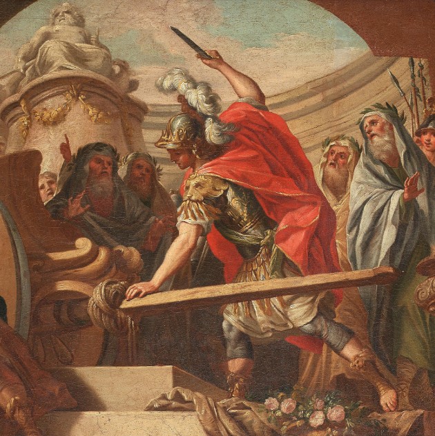 고르디우스 매듭을 알렉산더 대왕이 칼로 자르는 모습의 그림