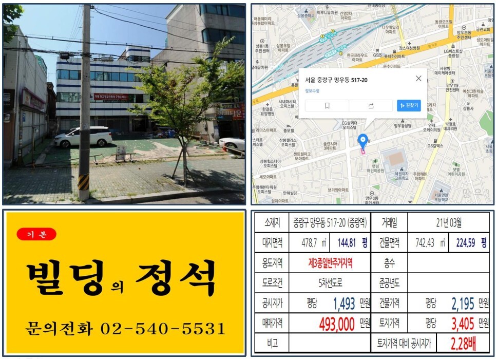  [중랑구 면목선 경전철 호재지역 40억 꼬마빌딩 신축부지 실거래가 조회] 망우동 517-20 (중랑역) 49억 3,000만 원, 평당 3,405만 원 매매되었습니다.