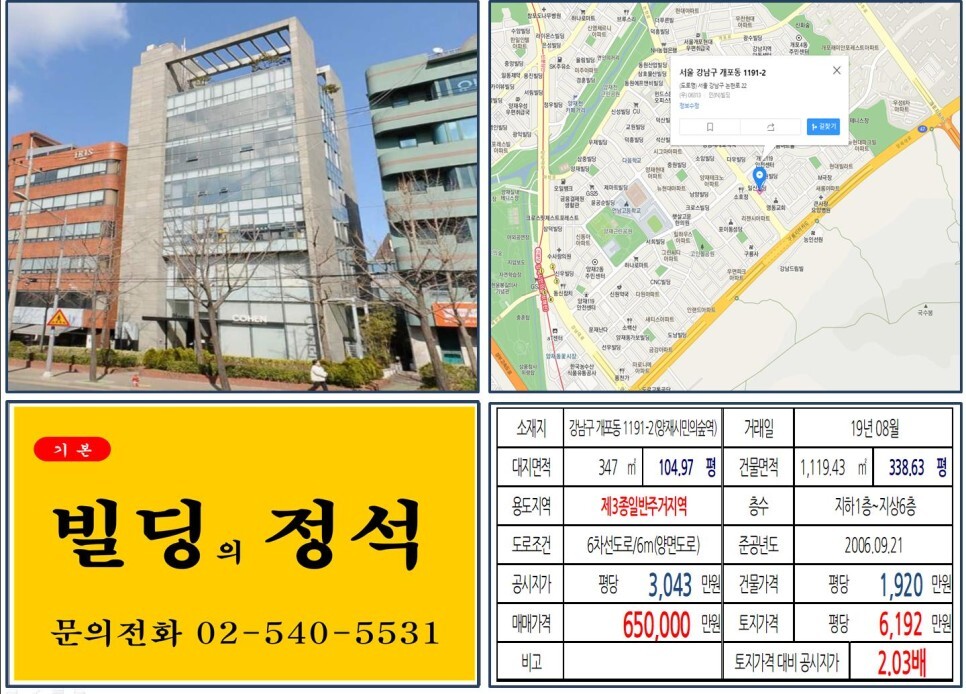  [강남구 양재R&CD 60억 대로변 꼬마빌딩 실거래가 조회] 개포동 1191-2 (양재시민의숲역) 65억 원, 평당 6,192만 원 매매되었습니