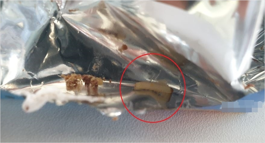 에너지바의 포장봉지 아에서 발견된 흰색 애벌레는 쌀벌레