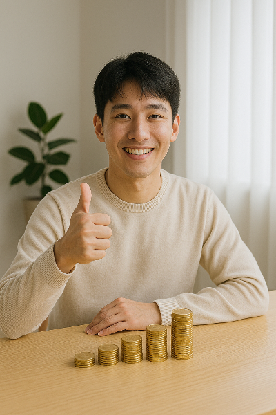 청년재테크와 청년통장 혜택을 상징하는 금화와 긍정적인 표정의 청년, 자산 증식과 은행별 적금 비교를 암시하는 실사 이미지