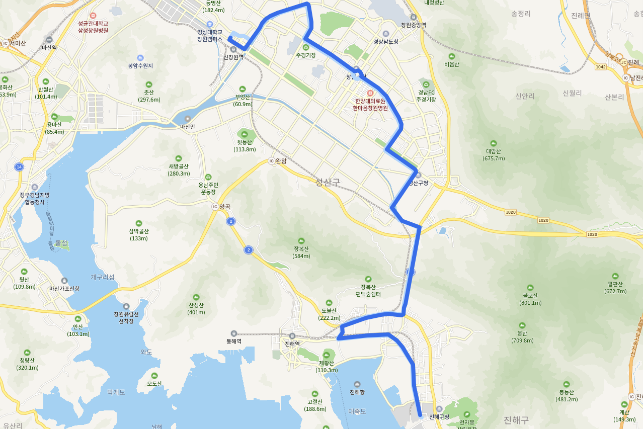  창원151번버스 노선(창원종합터미널, 파티마병원, 대동백화점, 성산구청, 진해)