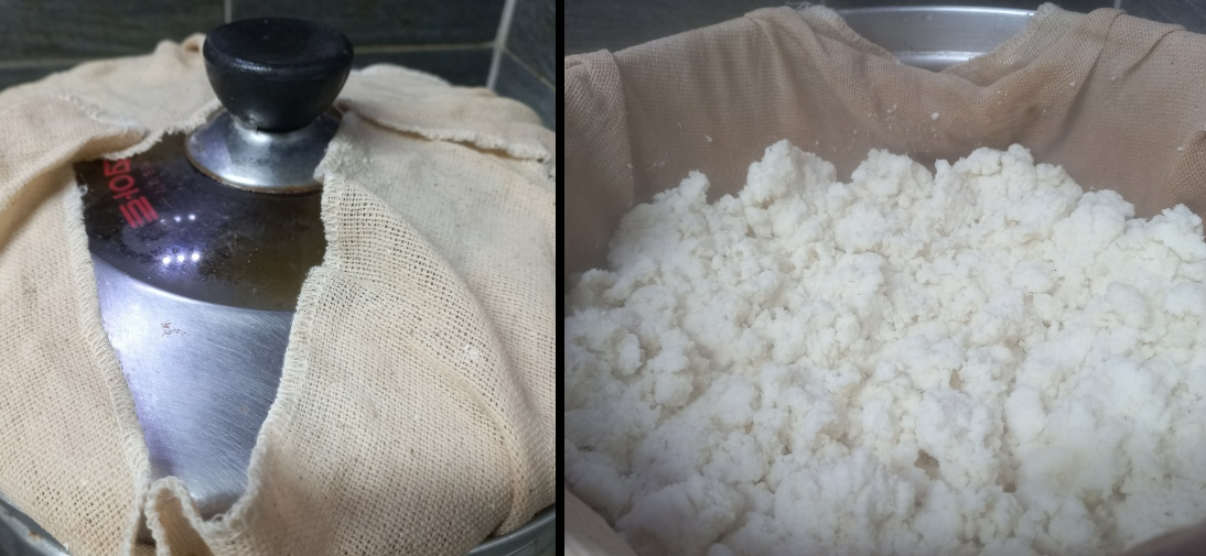 생비지 찜기에 넣고 쪄주는(좌) 사진&#44; 쪄내서 펼친 배보자가 안의 비지(우) 사진