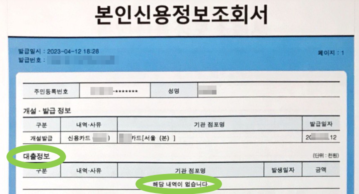 한국신용정보원 본인신용정보조회서 대출정보