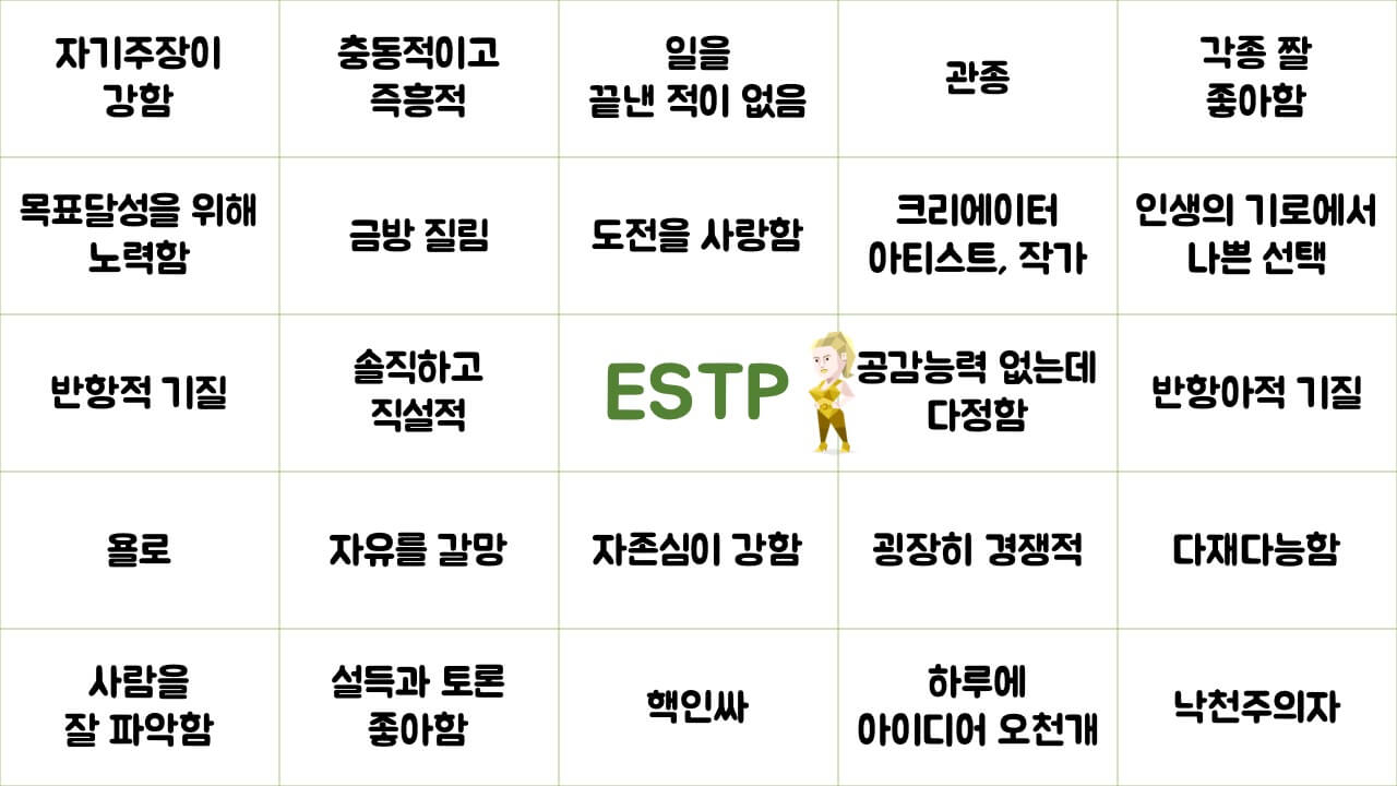 ESTP 유형 특징 연애궁합 총정리(+장점 단점 직업 추천 궁합 팩폭 매력 MBTI유형)