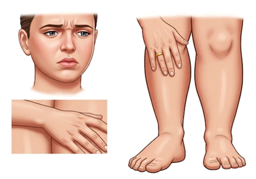 얼굴&amp;#44; 손&amp;#44; 발 등 신체 여러 부위가 부어오른 모습을 클로즈업하여 전신 부종을 묘사한 개념적인 디지털 일러스트레이션