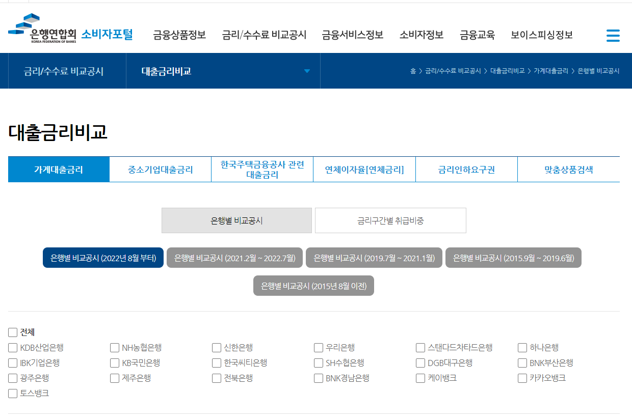 은행연합회-대출금리비교-메뉴