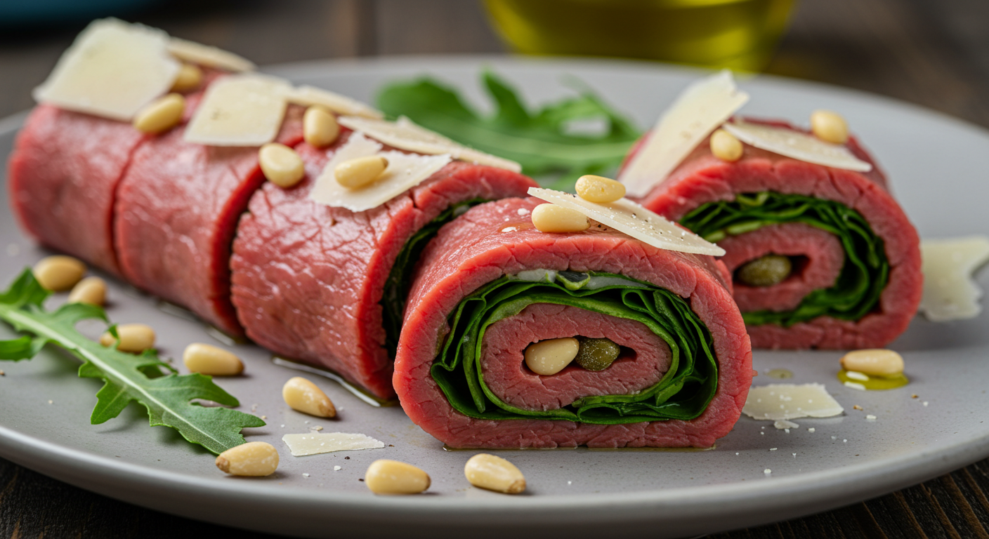 (Image Prompt: Close-up shot of the finished Hanwoo Beef Carpaccio Rolls beautifully arranged on a plate. The cross-section shows the pink beef rolled around green arugula, pine nuts, capers, and parmesan shavings. Drizzled with olive oil. Looks elegant and appetizing. Style: Fine dining food photography.)