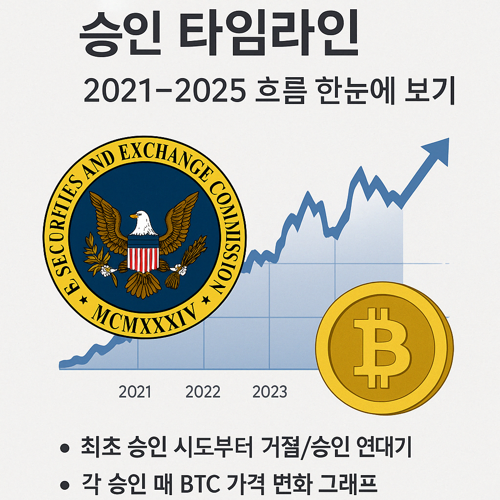 alt=&quot;SEC 비트코인 ETF 승인 타임라인 그래프 - 2021년부터 2025년까지 비트코인 가격 흐름과 SEC 승인 역사 요약 인포그래픽&quot;