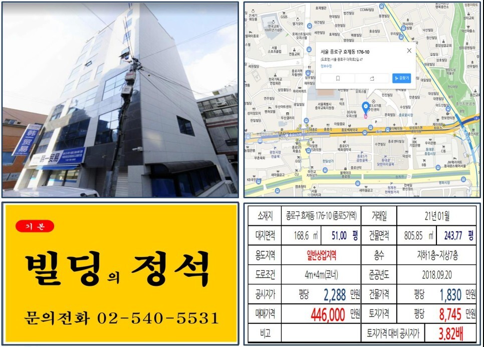  [종로구 신축 올근생 40억 꼬마빌딩 실거래가 조회] 효제동 176-10 (종로5가역) 44억 6,000만 원, 평당 8,745만 원 매매되었습니다. 광장시장, 종로꽃시장