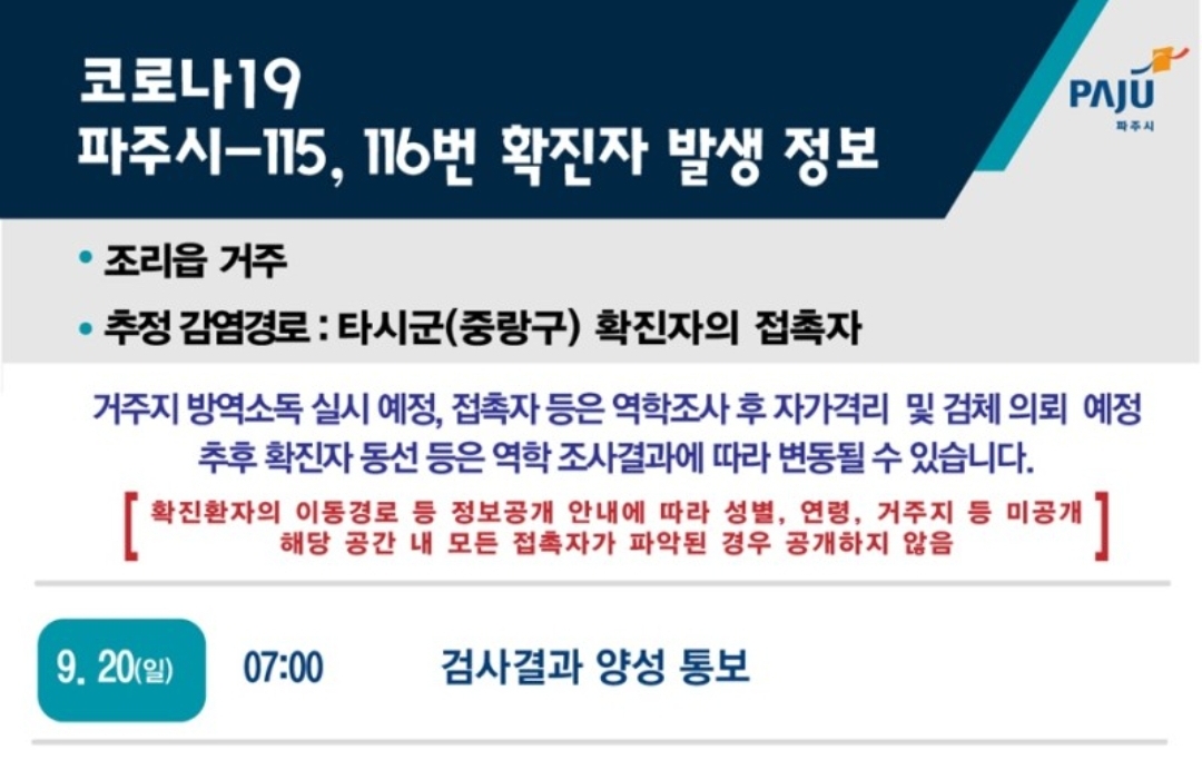  파주시 115번 116번 조리읍 코로나19 확진자 발생 동선은?