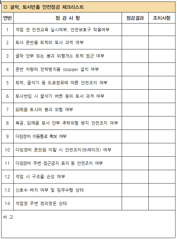  15. 굴착, 토사반출 안전점검 체크리스트