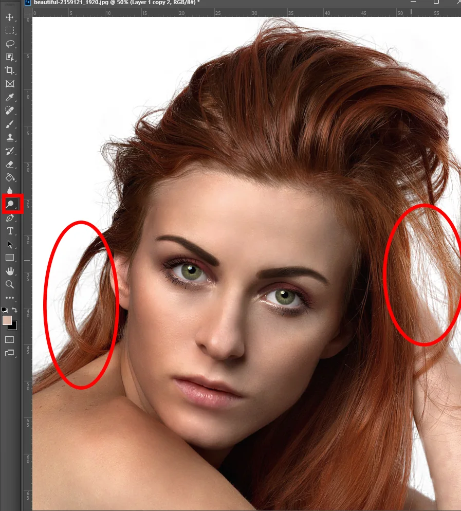 어도비 포토샵으로 누끼를 딴 후에 닷지툴을 사용하는 모습