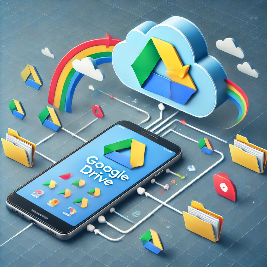 구글 드라이브와 모바일 기기 동기화를 시각적으로 표현한 이미지로, 스마트폰 화면에 구글 드라이브 로고가 표시되며, 클라우드와 폴더가 화살표로 연결되어 파일 동기화를 상징합니다. 파일과 사진이 클라우드와 스마트폰 사이에서 이동하는 모습이 표현된, 깔끔하고 현대적인 배경의 이미지입니다