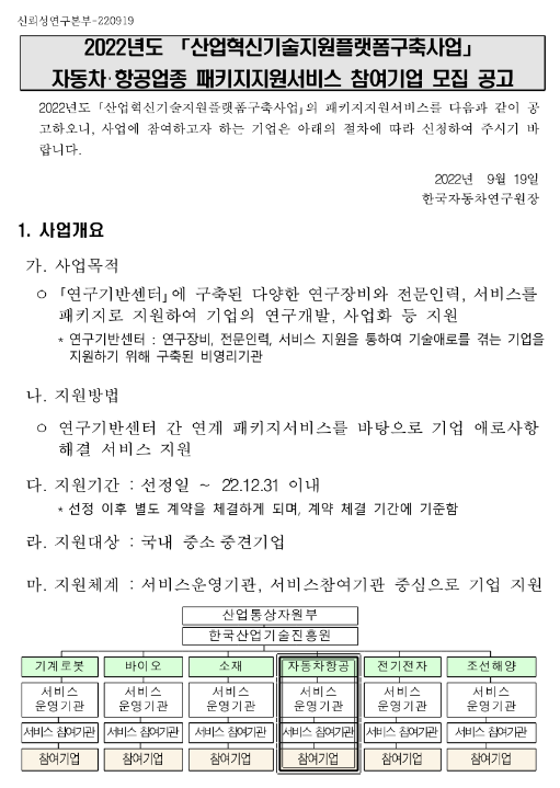  2022년 자동차ㆍ항공업종 패키지지원서비스 참여기업 모집 공고(산업혁신기술지원플랫폼구축사업)