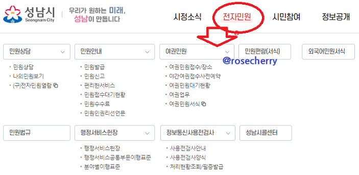 성남시청-홈페이지-전자민원-메뉴들