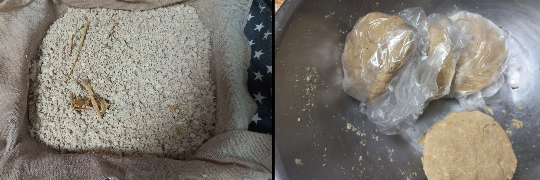 비지띄우기 완성한 사진(좌)&#44; 소분해서 비닐에 담은 비지 사진