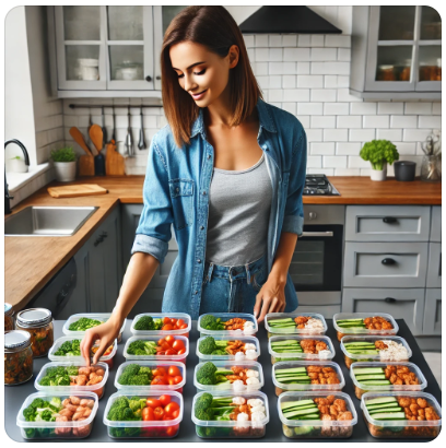 Meal prep 용기에 일주일치 식사를 준비하는 직장인 모습