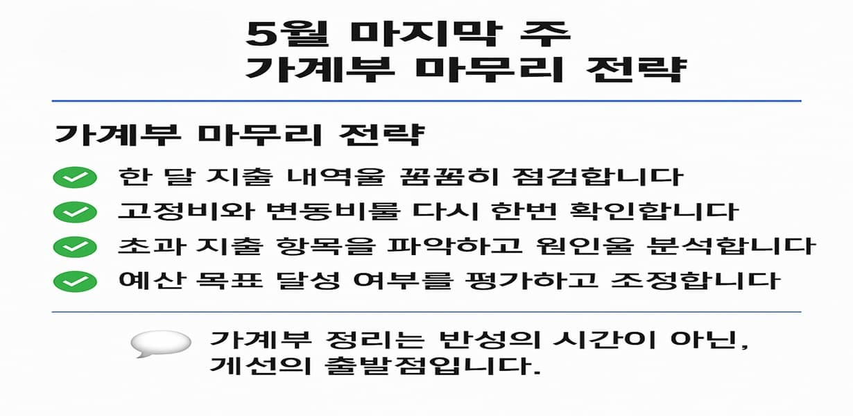 5월 마지막 주 가계부 마무리 전략을 설명한 인포그래픽으로, 한 달 지출 점검, 고정비·변동비 검토, 초과 지출 원인 분석, 예산 목표 평가 등의 전략이 체크리스트 형식으로 정리되어 있음.