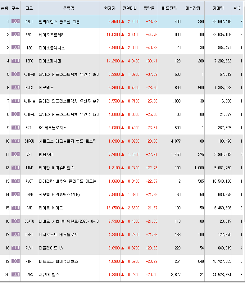  12월21일 미국주식 상승률 상위 종목 TOP 300