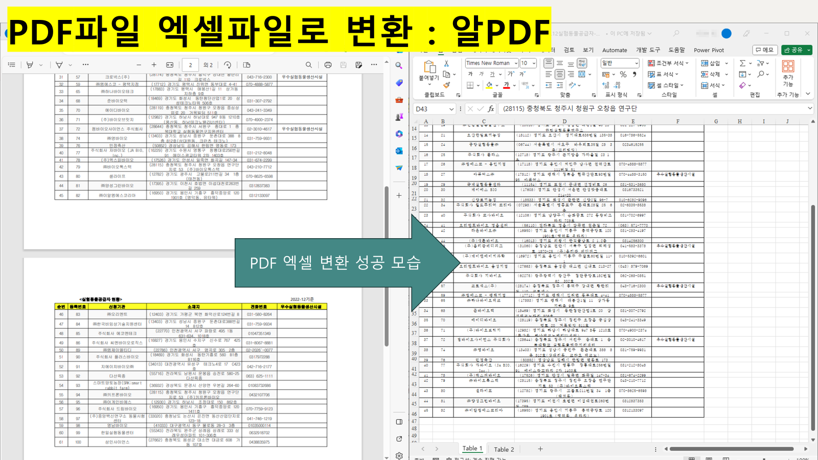 PDF파일 엑셀 전환 모습