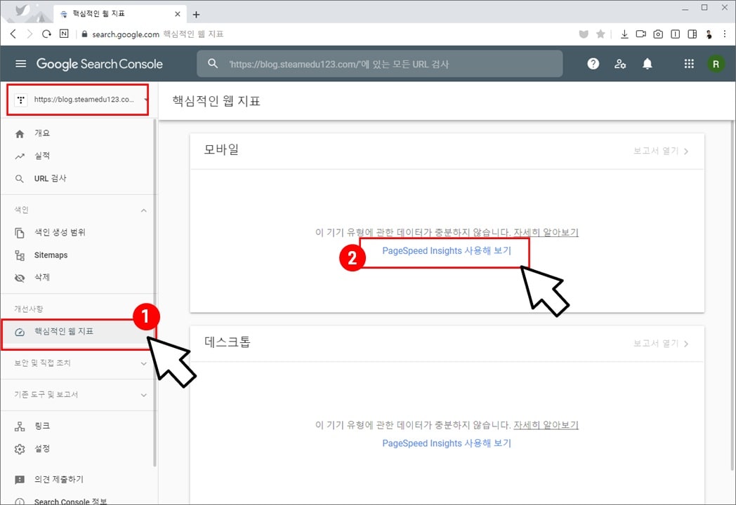 구글-설치콘솔-PageSpeed-Insights-화면