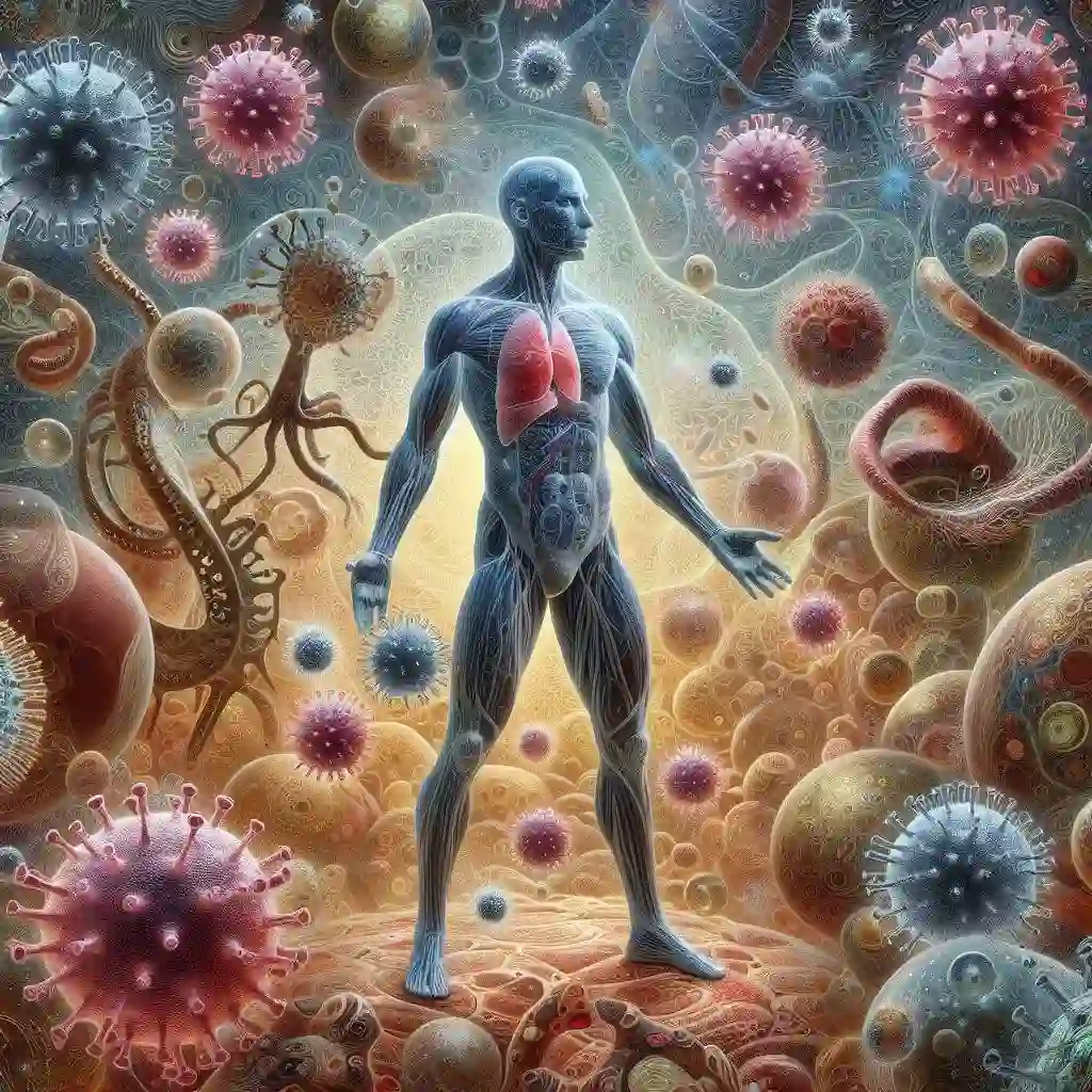 인간 면역 세포와 바이러스 입자가 상호작용하는 이미지, 면역 체계와 바이러스 간의 진화적 싸움을 나타냄