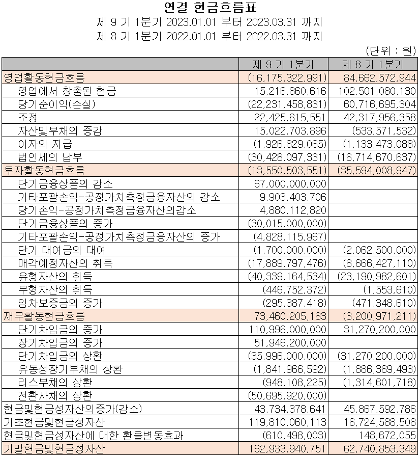 심텍 - 현금흐름표