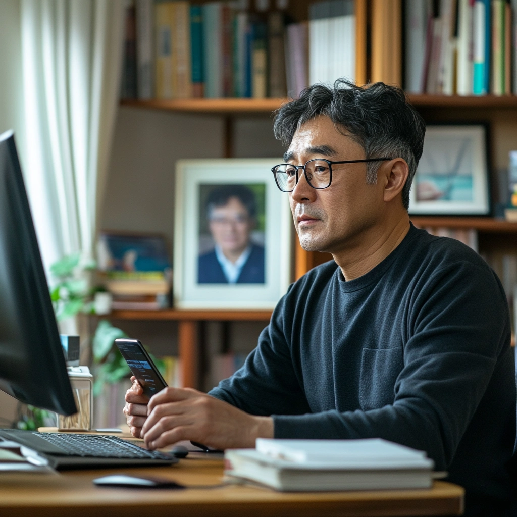 국민연금 홈페이지에서 계산기 이용하는 중년 남성