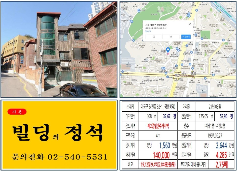  [마포구 10억 꼬마빌딩 실거래가 조회] 창전동 82-1 (광흥창역) 14억 원, 평당 4,285만 원 매매되었습니다. 신촌숲아이파크, 이랜드 역세권 청년주택