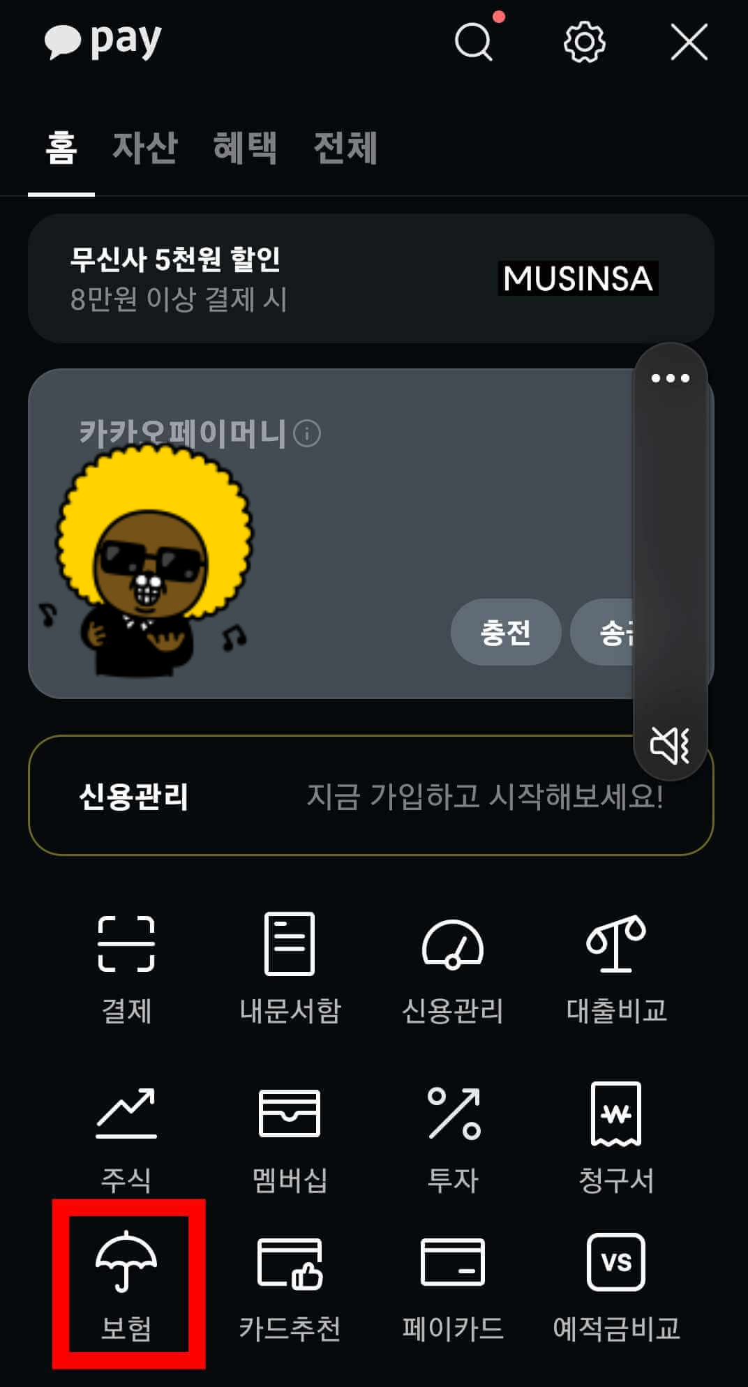 카카오페이 홈페이지 좌측 하단 보험가입 클릭