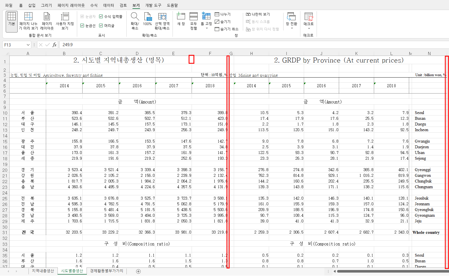 기본 보기에 표시되는 페이지 나누기 선